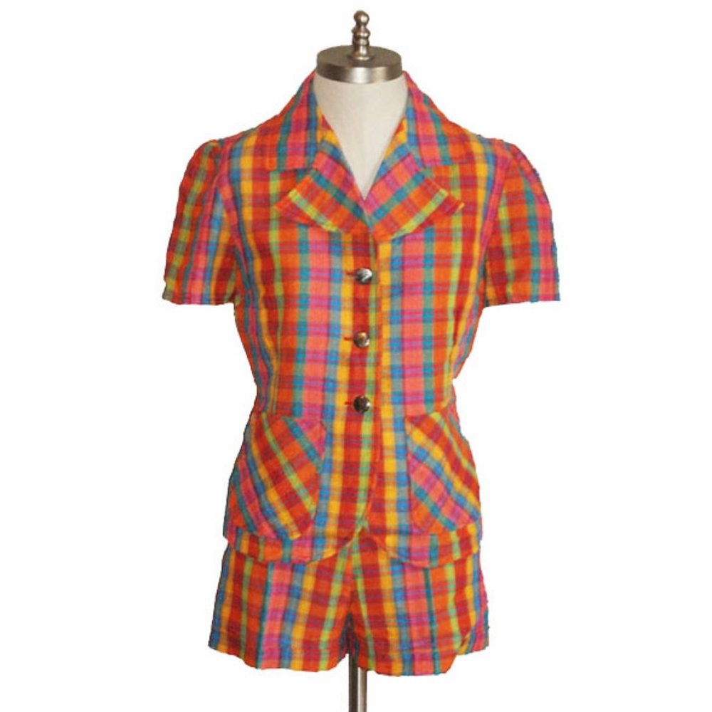 NWOT Vtg 70s Colorful Madras Plaid Jacket Shorts Set 14